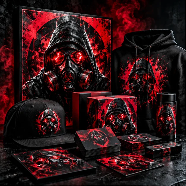 Concept branded goods and artwork with the Shocker OwnZ gas mask emblem