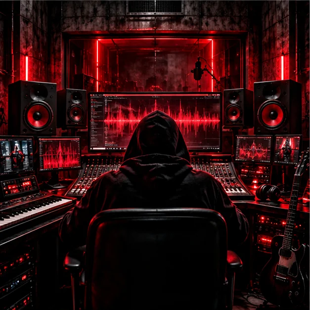 Red-lit music production studio with creator at mixing desk