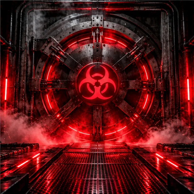 Cinematic industrial vault door lit by a red biohazard symbol