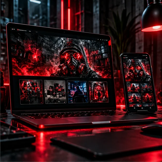 Desktop and mobile website concept featuring dark red visual design