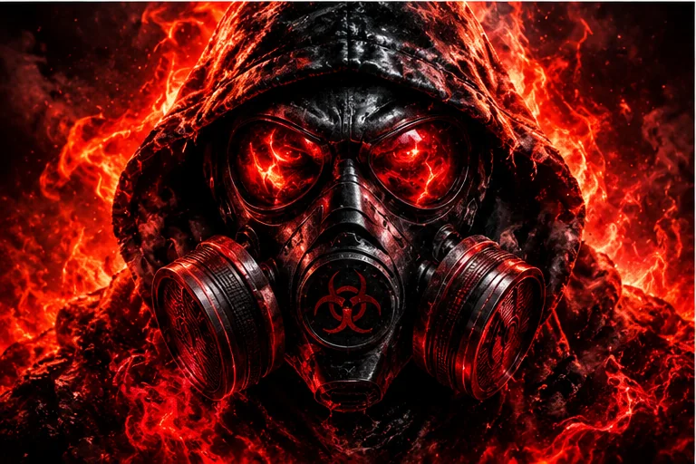 Fiery gas mask artwork in a cinematic inferno