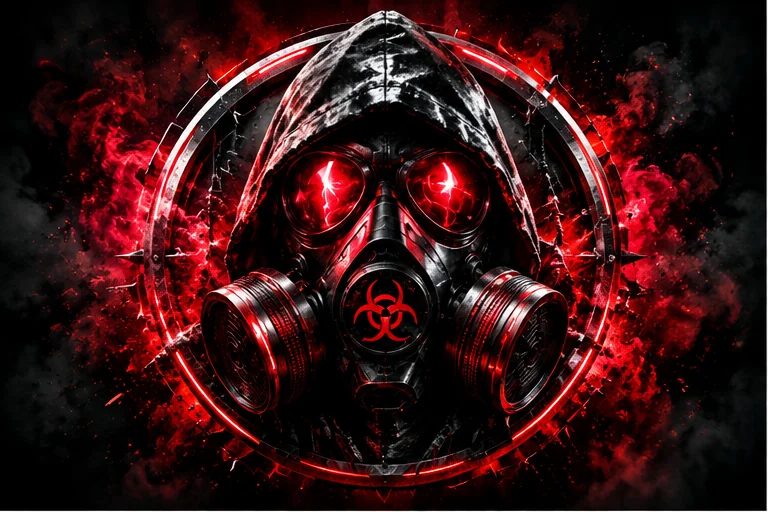 Hooded gas mask crest on a glowing crimson ring