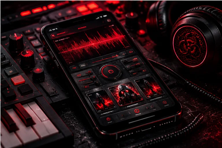 Dark red audio studio interface presented on a mobile phone