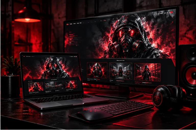 Red and black agency website shown on desktop and laptop